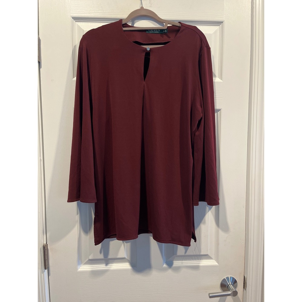Lauren Ralph Lauren Burgundy Keyhole Bell Sleeve Tunic Top XL Maroon Blouse